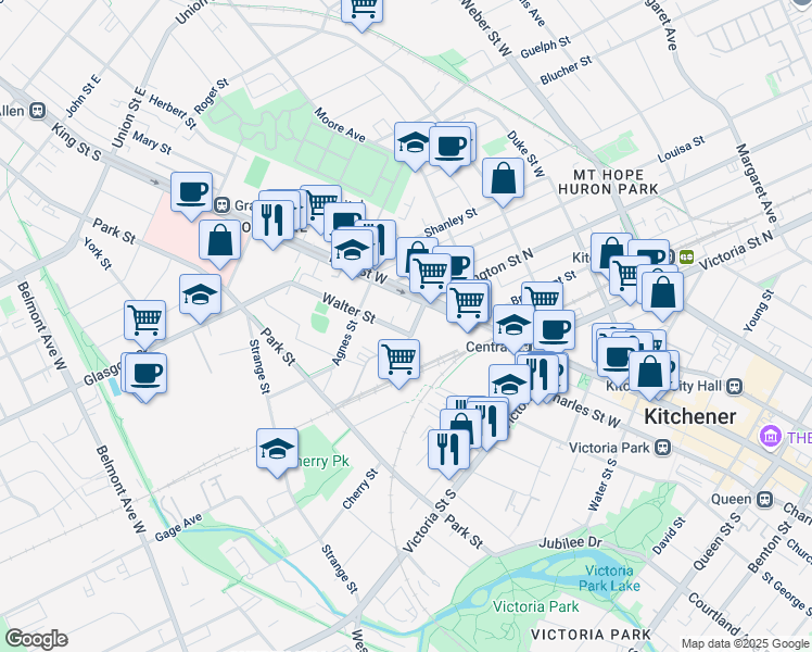 map of restaurants, bars, coffee shops, grocery stores, and more near 22 Wellington Street South in Kitchener