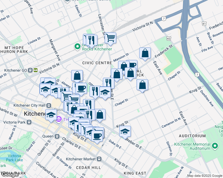 map of restaurants, bars, coffee shops, grocery stores, and more near Frederick St & Lancaster St E in Kitchener