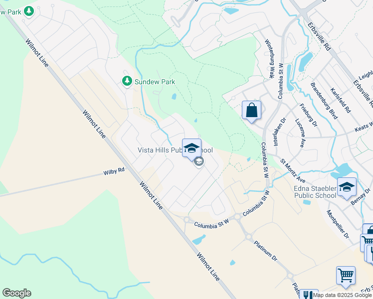 map of restaurants, bars, coffee shops, grocery stores, and more near 203 Ladyslipper Drive in Waterloo