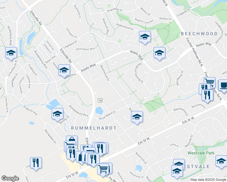 map of restaurants, bars, coffee shops, grocery stores, and more near 671 Beechwood Drive in Waterloo
