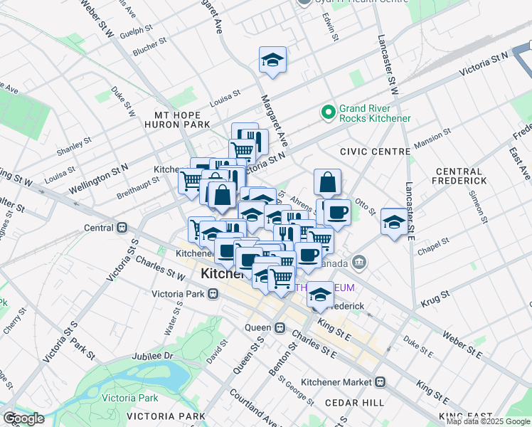 map of restaurants, bars, coffee shops, grocery stores, and more near 102 Young Street in Kitchener