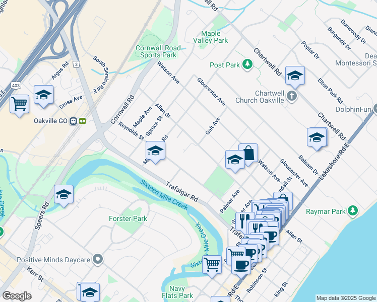 map of restaurants, bars, coffee shops, grocery stores, and more near 325 Reynolds Street in Oakville