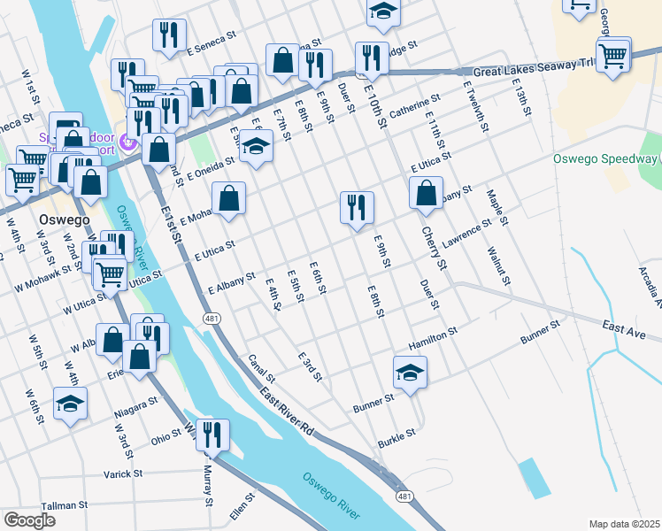 map of restaurants, bars, coffee shops, grocery stores, and more near 186 East 7th Street in Oswego