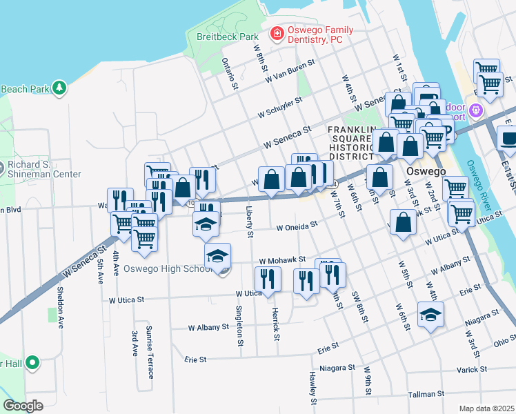 map of restaurants, bars, coffee shops, grocery stores, and more near 111 Liberty Street in Oswego