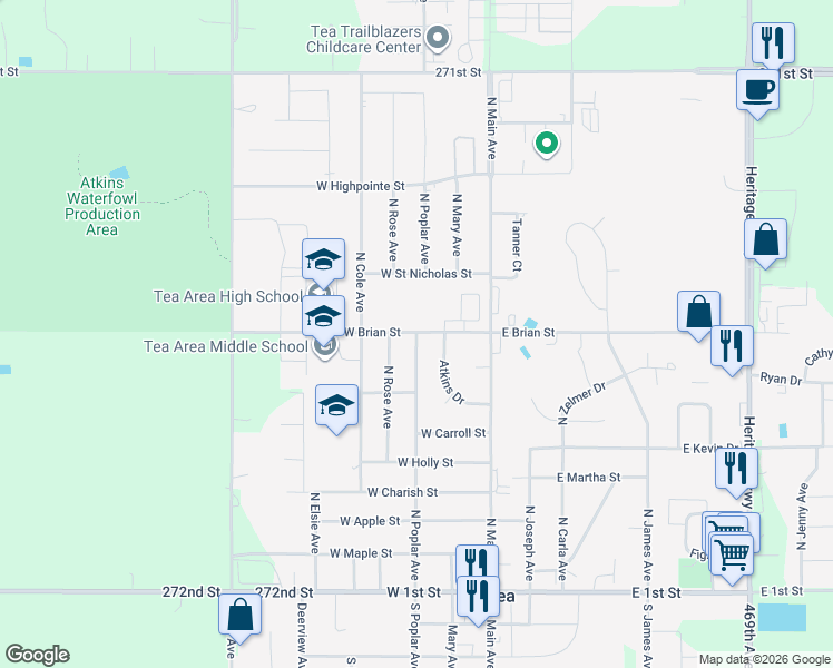 map of restaurants, bars, coffee shops, grocery stores, and more near 825 Atkins Drive in Tea