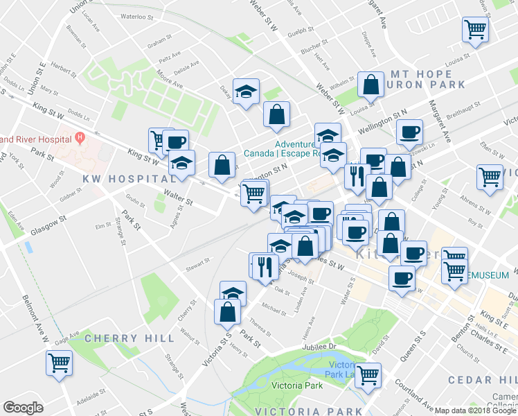 map of restaurants, bars, coffee shops, grocery stores, and more near 693 King Street West in Kitchener