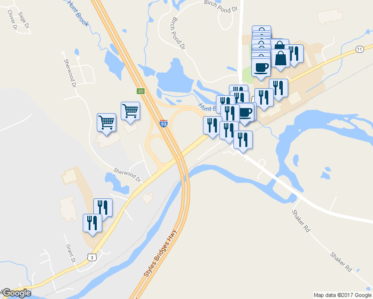 map of restaurants, bars, coffee shops, grocery stores, and more near 9 Laconia Road in Tilton