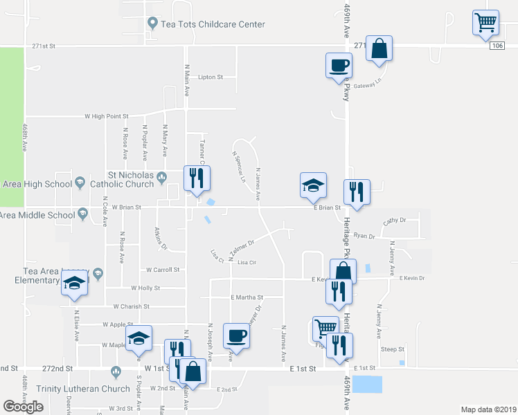 map of restaurants, bars, coffee shops, grocery stores, and more near East Brian Street in Tea