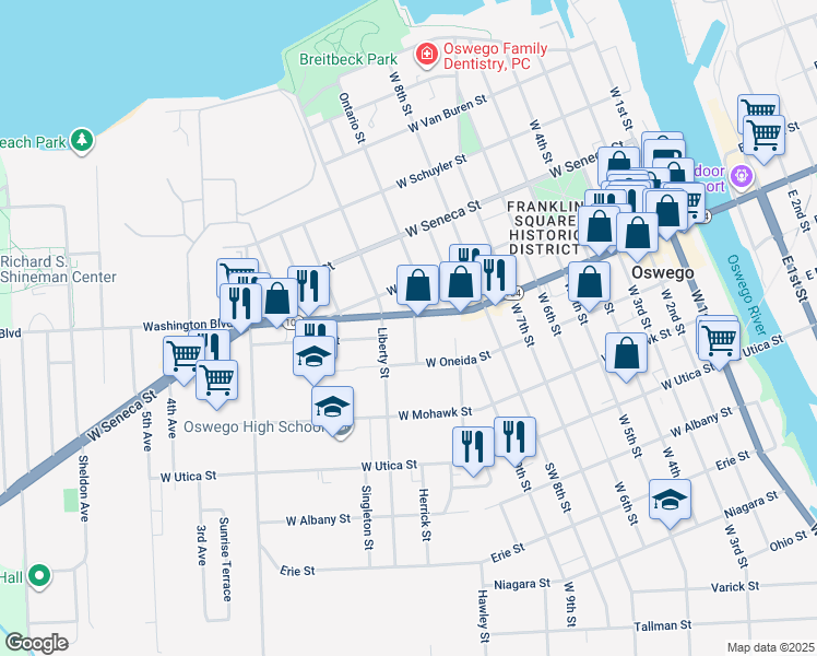 map of restaurants, bars, coffee shops, grocery stores, and more near 9 Lathrop Street in Oswego