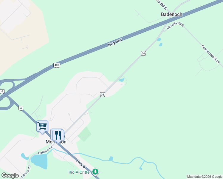 map of restaurants, bars, coffee shops, grocery stores, and more near 7539 Wellington 36 in Puslinch