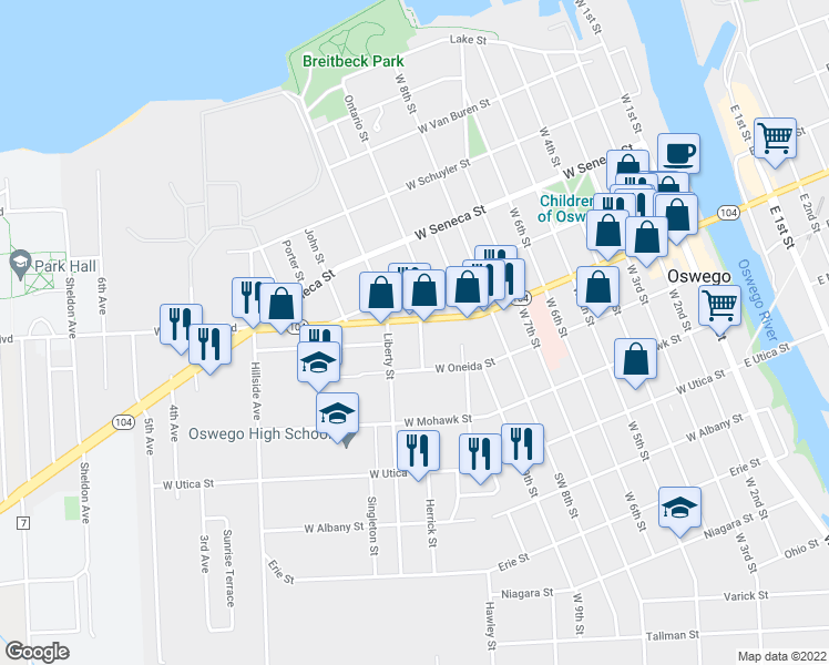 map of restaurants, bars, coffee shops, grocery stores, and more near 6 Lathrop Street in Oswego