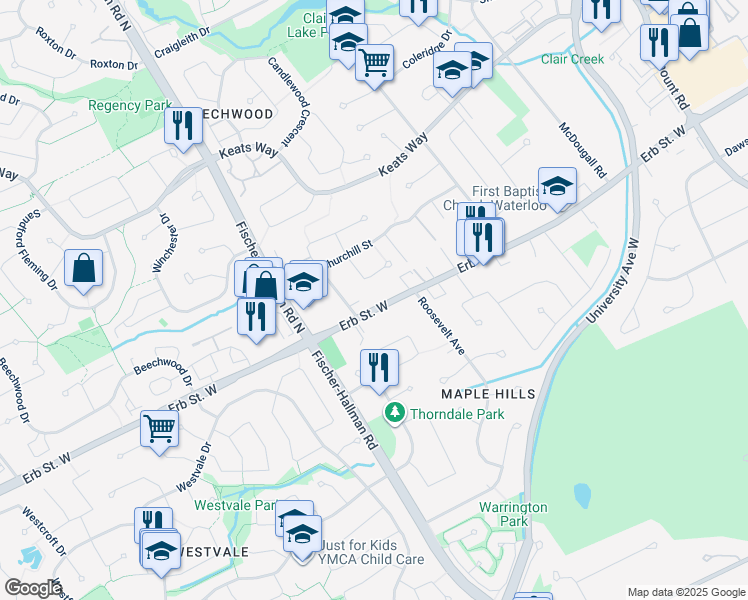 map of restaurants, bars, coffee shops, grocery stores, and more near in Waterloo