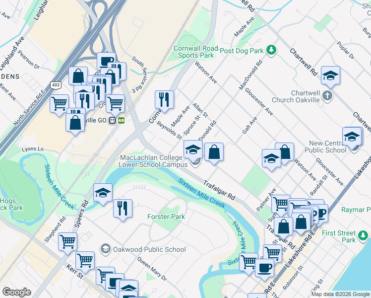 map of restaurants, bars, coffee shops, grocery stores, and more near 358 Reynolds Street in Oakville