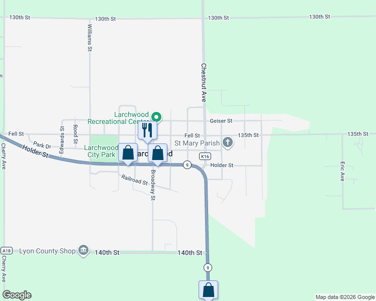 map of restaurants, bars, coffee shops, grocery stores, and more near 1126 Brown Street in Larchwood