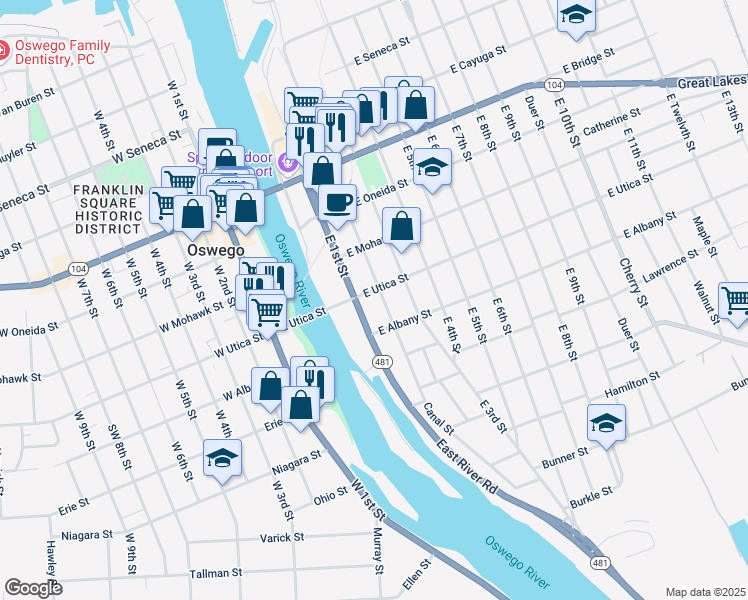 map of restaurants, bars, coffee shops, grocery stores, and more near 180 East 2nd Street in Oswego