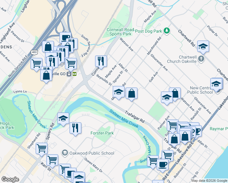 map of restaurants, bars, coffee shops, grocery stores, and more near 287 Macdonald Road in Oakville