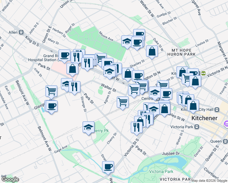 map of restaurants, bars, coffee shops, grocery stores, and more near 73 Walter Street in Kitchener