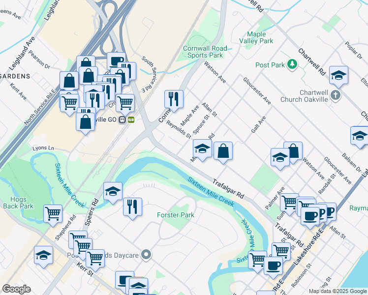 map of restaurants, bars, coffee shops, grocery stores, and more near 272 Spruce Street in Oakville