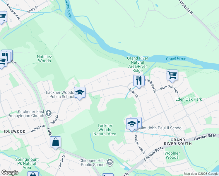 map of restaurants, bars, coffee shops, grocery stores, and more near Zeller Drive in Kitchener