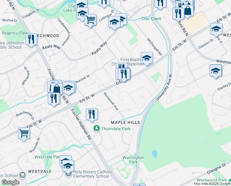 map of restaurants, bars, coffee shops, grocery stores, and more near 364 Culpepper Place in Waterloo