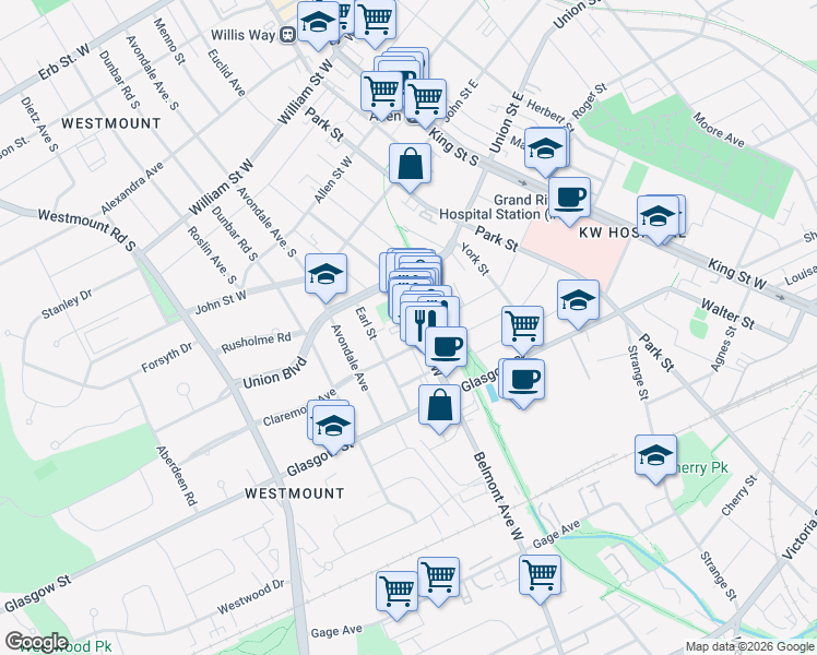 map of restaurants, bars, coffee shops, grocery stores, and more near 711 Belmont Avenue West in Kitchener
