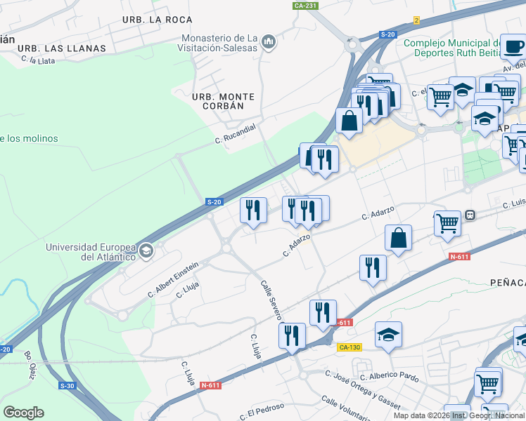 map of restaurants, bars, coffee shops, grocery stores, and more near 6 Calle Albert Einstein in Santander