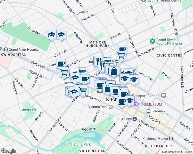 map of restaurants, bars, coffee shops, grocery stores, and more near 45 Victoria Street North in Kitchener