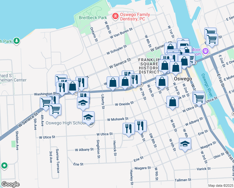 map of restaurants, bars, coffee shops, grocery stores, and more near 9 Lathrop Street in Oswego