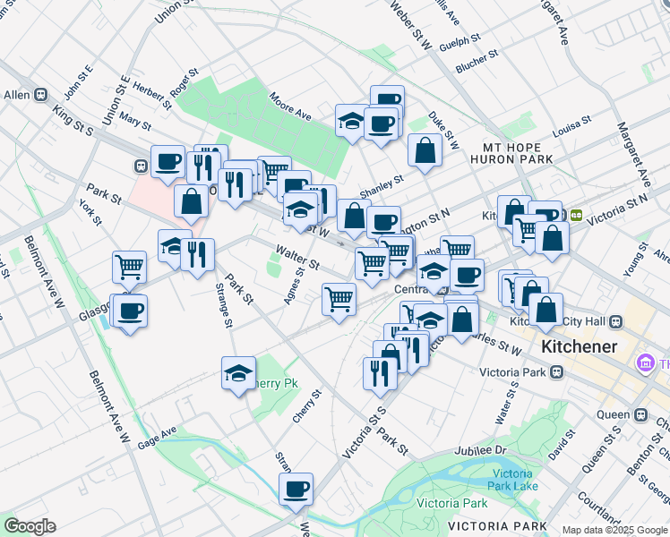 map of restaurants, bars, coffee shops, grocery stores, and more near 73 Walter Street in Kitchener