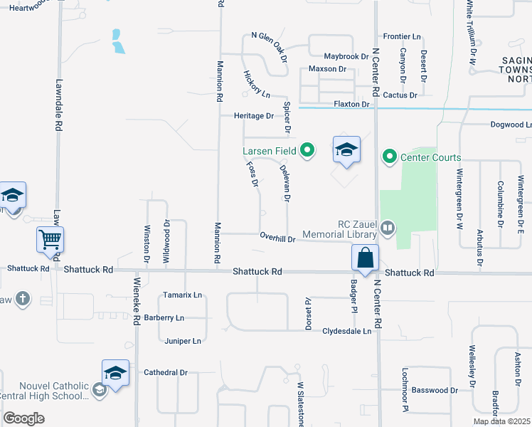 map of restaurants, bars, coffee shops, grocery stores, and more near 1604 Foss Ct 2 in Saginaw