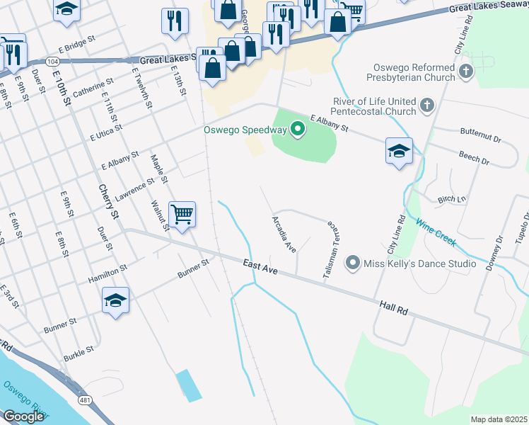 map of restaurants, bars, coffee shops, grocery stores, and more near 123 Arcadia Avenue in Oswego