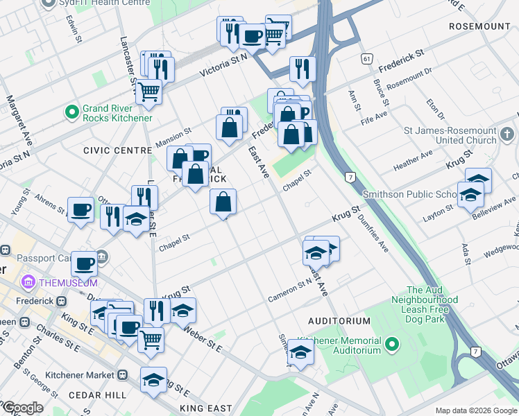 map of restaurants, bars, coffee shops, grocery stores, and more near 141 Chapel Street in Kitchener