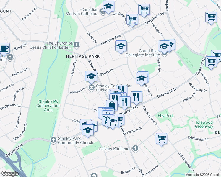 map of restaurants, bars, coffee shops, grocery stores, and more near 35 Breckenridge Drive in Kitchener