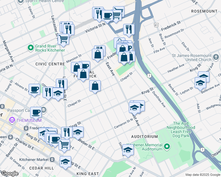 map of restaurants, bars, coffee shops, grocery stores, and more near 141 Chapel Street in Kitchener