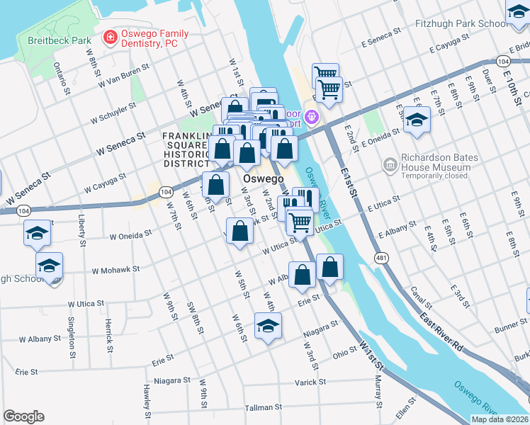 map of restaurants, bars, coffee shops, grocery stores, and more near in Oswego