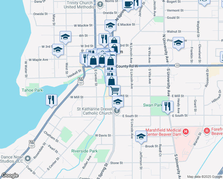 map of restaurants, bars, coffee shops, grocery stores, and more near 320 South Spring Street in Beaver Dam