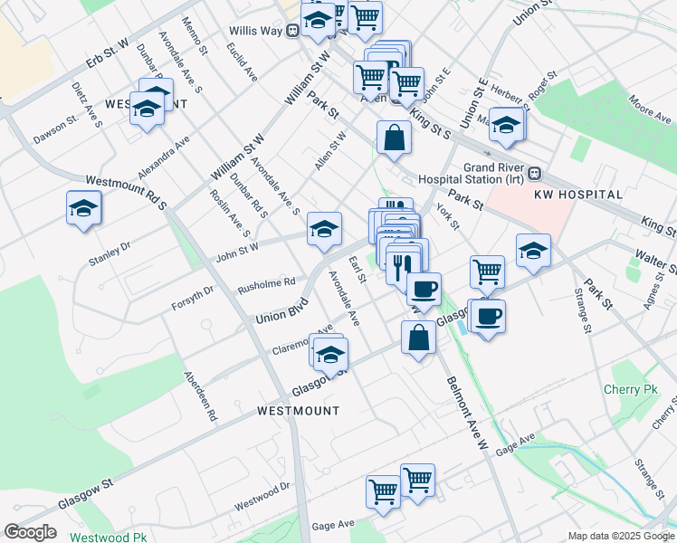 map of restaurants, bars, coffee shops, grocery stores, and more near 746 Avondale Avenue in Kitchener