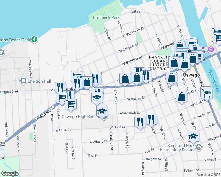 map of restaurants, bars, coffee shops, grocery stores, and more near 166 West Bridge Street in Oswego
