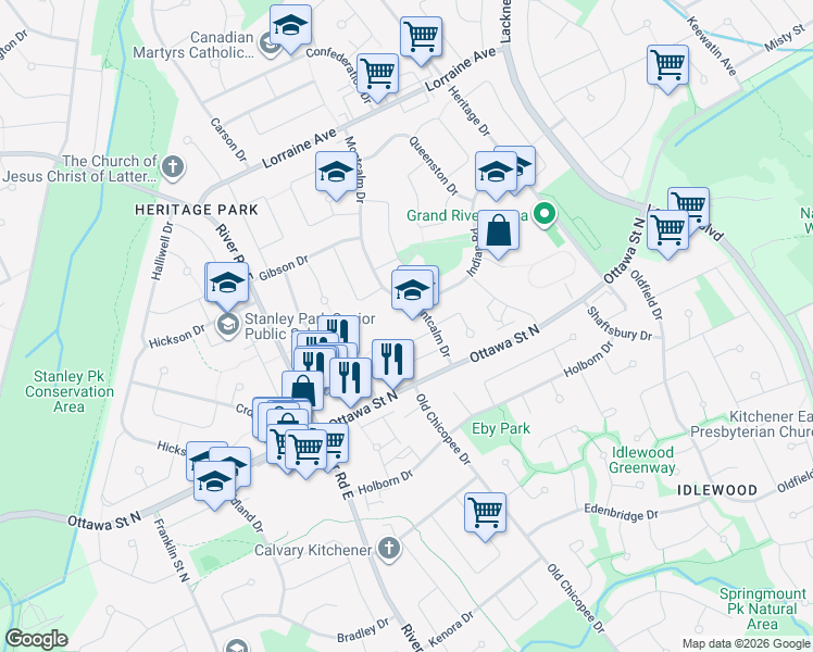 map of restaurants, bars, coffee shops, grocery stores, and more near 153 Montcalm Drive in Kitchener