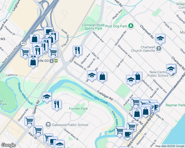 map of restaurants, bars, coffee shops, grocery stores, and more near 348 Macdonald Road in Oakville