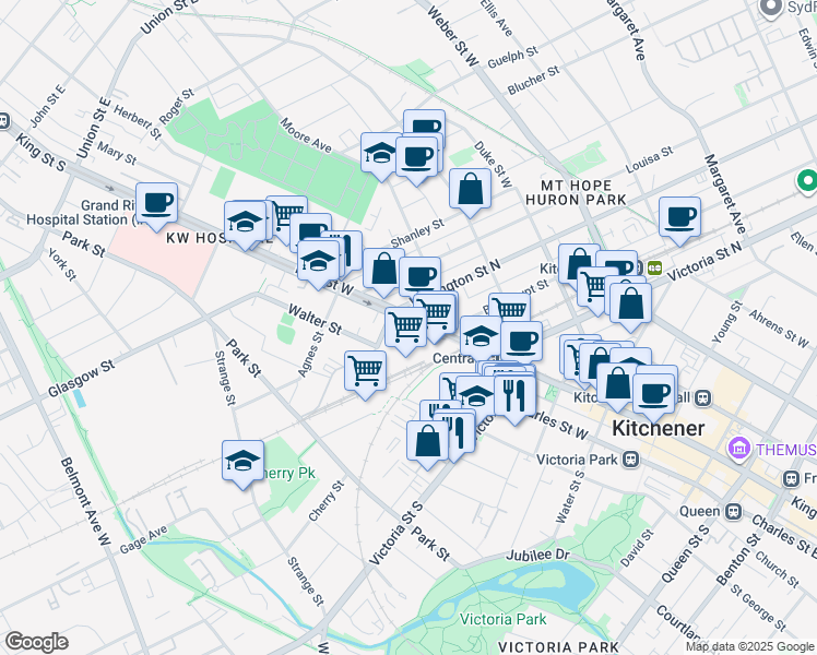 map of restaurants, bars, coffee shops, grocery stores, and more near in Kitchener