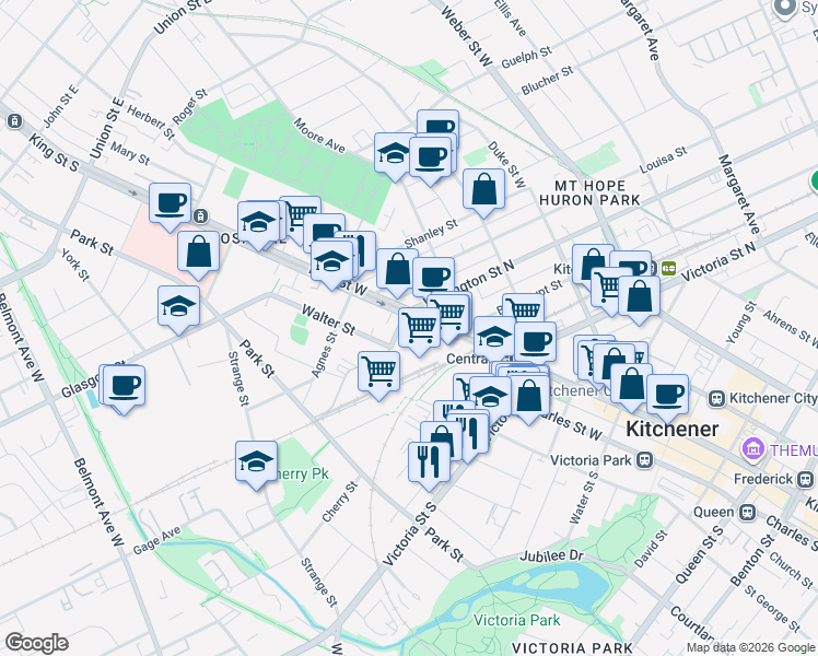 map of restaurants, bars, coffee shops, grocery stores, and more near 5 Wellington Street South in Kitchener