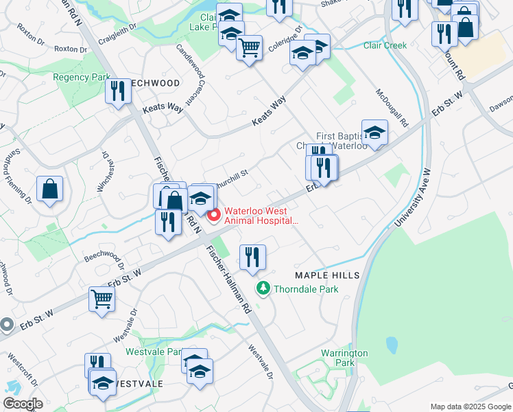 map of restaurants, bars, coffee shops, grocery stores, and more near 384 Erb Street West in Waterloo