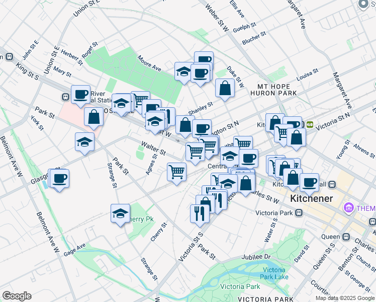 map of restaurants, bars, coffee shops, grocery stores, and more near 5 Wellington Street South in Kitchener