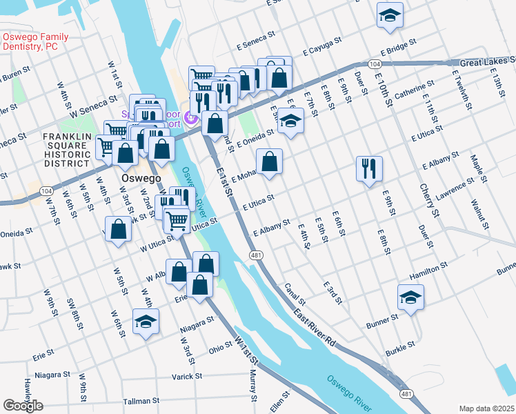 map of restaurants, bars, coffee shops, grocery stores, and more near 180 East 2nd Street in Oswego