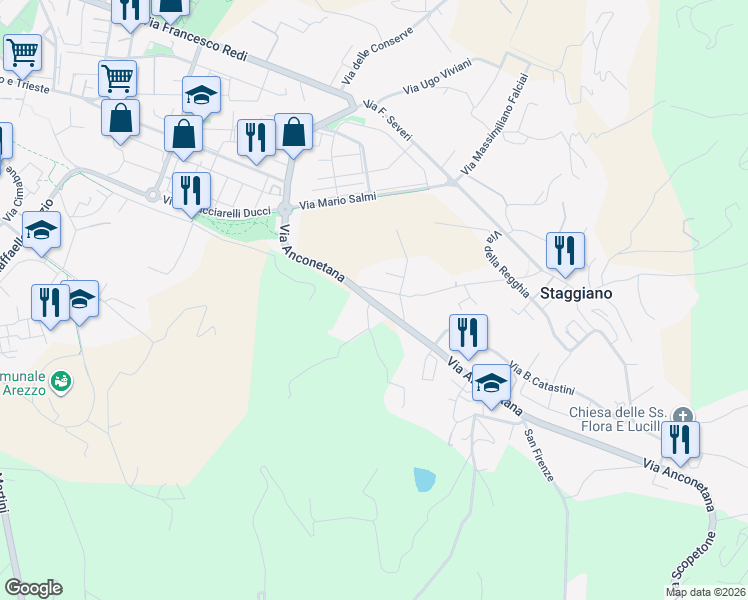 map of restaurants, bars, coffee shops, grocery stores, and more near 125 Via Anconetana in Arezzo