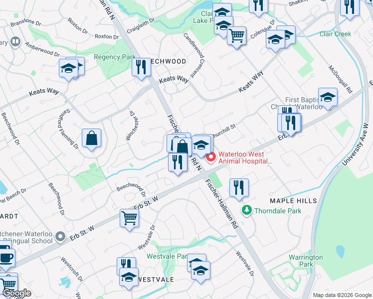 map of restaurants, bars, coffee shops, grocery stores, and more near 18 Fischer-Hallman Road North in Waterloo