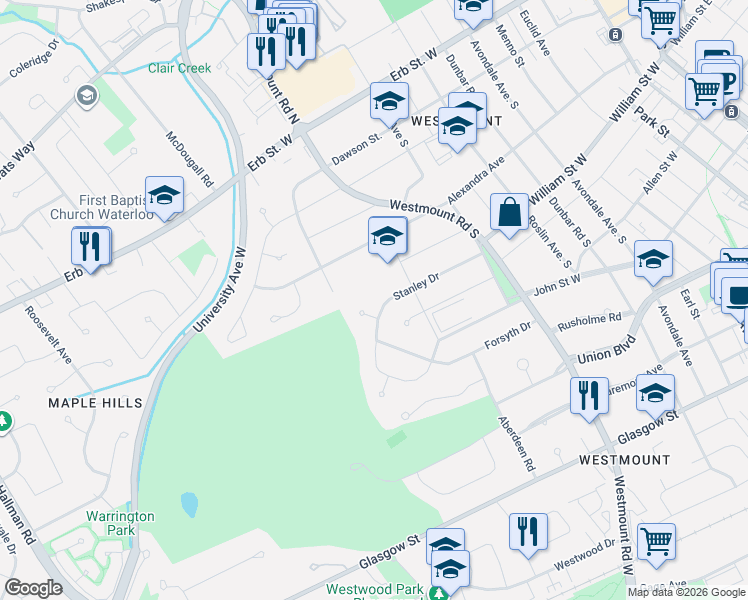 map of restaurants, bars, coffee shops, grocery stores, and more near 230 Stanley Drive in Waterloo