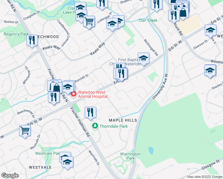 map of restaurants, bars, coffee shops, grocery stores, and more near 363 Erb Street West in Waterloo