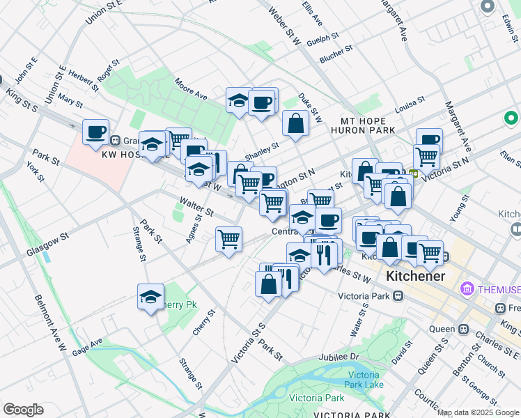 map of restaurants, bars, coffee shops, grocery stores, and more near in Kitchener